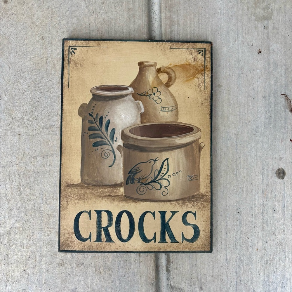 Vintage Stoneware Crocks Wall Art with Cream and Brown Tones on Wood 11x16 in
